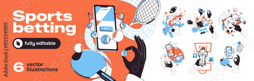 Sports betting concept set. Online gambling on phone. People play chance games on smartphones, wagering on baseball, hockey and football competitions. Flat isolated vector illustrations on white