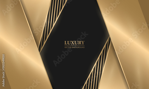 Gold black geometric luxury frame with sleek metallic panels around central dark polygon, thin diagonal gold lines, glossy gradient, subtle shimmer, high contrast texture and luminous sheen evoke