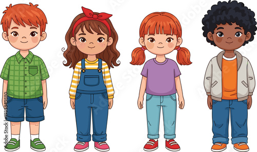 Set of four cute diverse children standing in stylish casual outfits, flat cartoon vector illustration