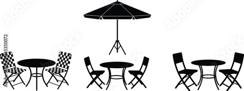 Black silhouette collection of outdoor cafe bistro sets including round tables chairs and sun umbrella isolated on white background for restaurant terrace,