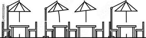 Minimalist line art collection of outdoor cafe seating including tables chairs and sun umbrellas isolated on white background for restaurant terrace design