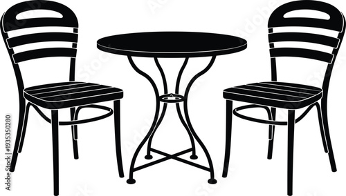 Black silhouette of outdoor cafe bistro dining set with round metal table and two chairs isolated on white background for restaurant terrace,