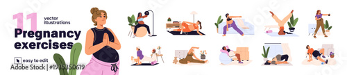 Pregnant girls do home workout set. Women in pregnancy do gymnastic exercises with sports equipment, fit balls. Expectant mothers do pilates, yoga training. Flat isolated vector illustrations on white