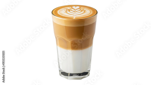 Cuadro en lienzo Isolated Iced latte macchiato coffee drink in clear glass cup with artistic hear
