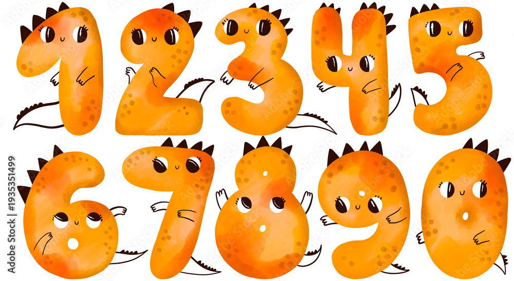 Fototapeta premium Cute Dinosaur Numbers 0-9 Watercolor Illustration Set. Hand Drawn Kids Learning Collection Perfect For Nursery Wall Art Birthday Designs T Shirts Stickers Preschool Posters And Educational Materials.