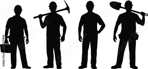 Construction worker silhouettes with tools hammer shovel and toolbox isolated on white background labor profession vector illustration set