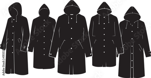 Collection of black coats with hoods and buttons illustration