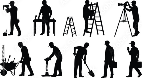 Construction workers silhouettes set with builders using tools ladder camera and wheelbarrow isolated on white background profession vector collection