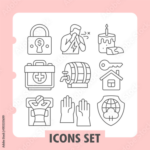 Set of nine line icons depicting security, health, celebration, home, storage and leisure concepts on white background. Ideal for web, digital projects and print media.
