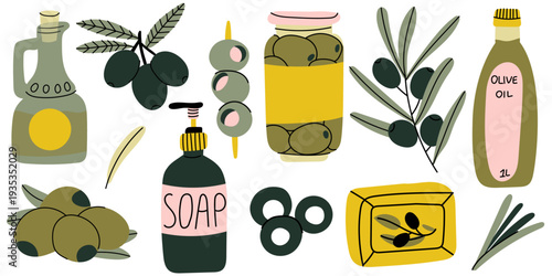Flat vector olive collection with olive oil bottle, jar, soap and branches. Mediterranean organic food and natural cosmetic elements isolated on light background.