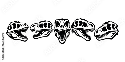 Five different views of dinosaur skulls, showing the bone structure, jaws, and sharp teeth of an extinct predator