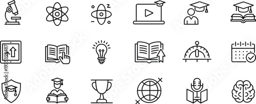 Education and learning line icons set science study graduation online course knowledge training vector outline symbols isolated
