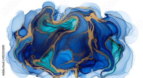 a blue and gold abstract painting on a white background