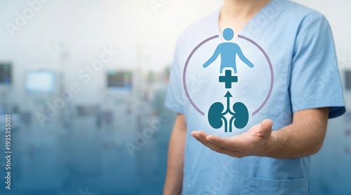 Wallpaper Mural Kidney transplant, Urology, Nephrology, Renal health, Organ donation, Medical care, Healthcare concept featuring a surgeon in blue scrubs holding a digital kidney icon in a hospital. Torontodigital.ca