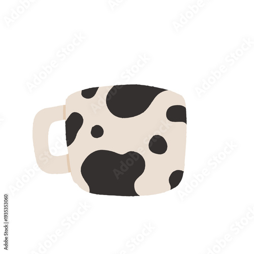 Trendy Ceramic Mug Set. Handmade Pottery Style Cups with Cow Print, Plaid, Stripe, Textured Patterns. Cozy Drink Collection Hand Drawn Vector