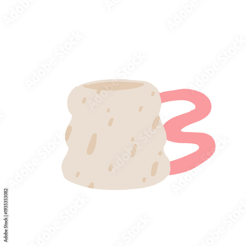 Trendy Ceramic Mug Set. Handmade Pottery Style Cups with Cow Print, Plaid, Stripe, Textured Patterns. Cozy Drink Collection Hand Drawn Vector