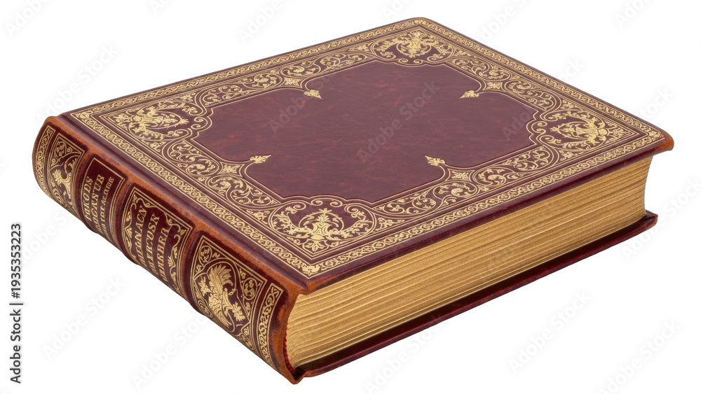 Fototapeta premium Isolated old vintage book, hardbound, detailed gold filigree, close-up studio shot, ancient text