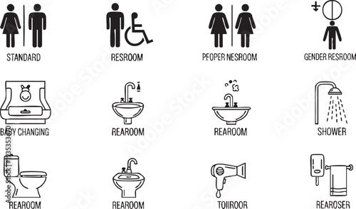 Twelve black and white restroom with labels restroom bathroom symbols toilet signs black and white restroom labels