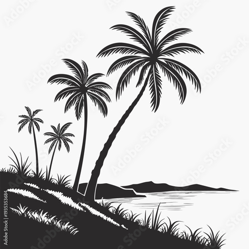 Serene tropical landscape with swaying palm trees by calm waters
