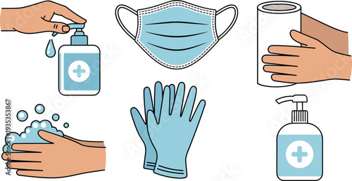 Hand hygiene protection icons set with sanitizer medical mask gloves soap and cleaning practices healthcare safety vector illustration