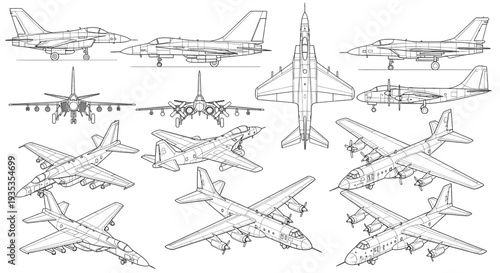 Military Aircraft AutoCAD Blueprint Vector – Multi View Aviation Technical Drawing