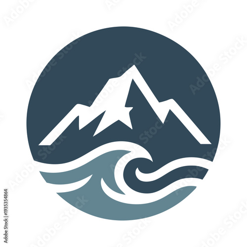 Logo agencia de viajes. Vacaciones de verano. Dibujo sencillo con siluetas de un paisaje con isla con montaña y olas de mar en círculo