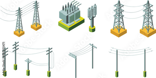 Isometric electric power transmission towers poles and transformer equipment collection with overhead lines energy infrastructure vector illustration set