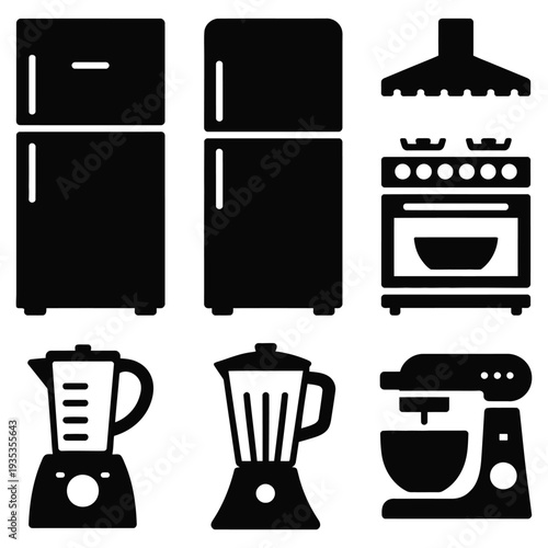 Black silhouettes of kitchen appliances set including refrigerator blender and mixer