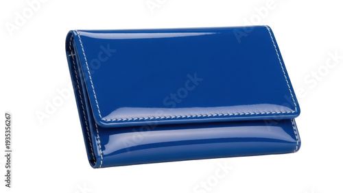 Foto Isolated blue wallet or cardholder, folded shiny leather with stitching, small a