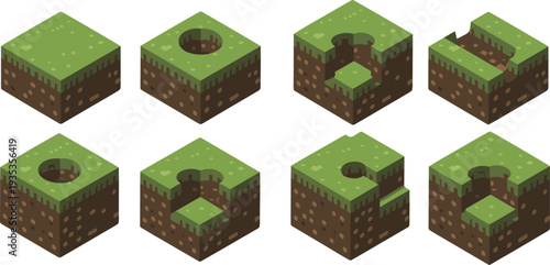 Isometric voxel grass and soil terrain blocks with holes cut sections and underground layers game environment vector set