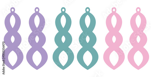 Collection of three pairs of stylized infinity loop earring cutouts featuring lavender teal and soft pink solid vector shapes ready for crafting projects