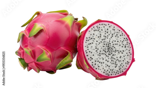 Isolated dragon fruit, whole and cross-section, exotic food, healthy nutrition, raw diet