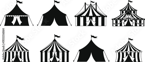 Set of black and white circus tent silhouettes, vintage carnival big top icons with stripes and flags for festival events, vector design.