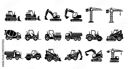 Construction Vehicles and Heavy Machinery Silhouette Icons – Flat Black Vector Set