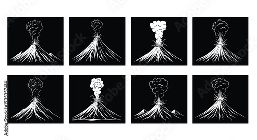 Set of eight volcano eruption silhouettes, black and white mountain icons with smoke and lava for geological nature designs and environmental branding,