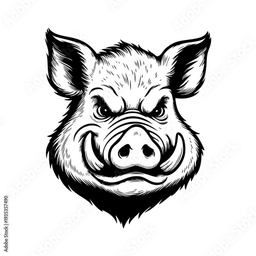 Dibujo sencillo con líneas de la cabeza de un jabalí enojado mirando de frente 