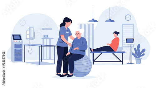 Dedicated physical therapist assists an elderly woman with balance exercises on an exercise ball in a modern rehabilitation clinic.