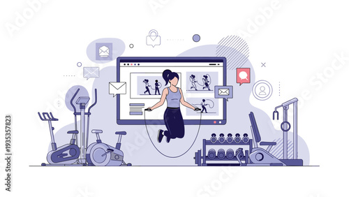 Athletic woman skipping rope in a modern home gym setting with fitness equipment and a digital screen showing workout programs.