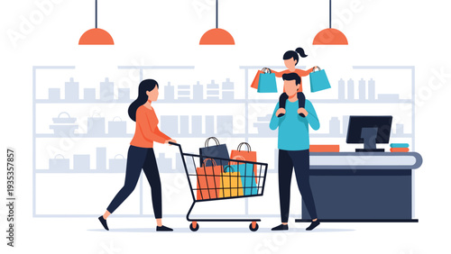 Happy family of three enjoys their weekly grocery shopping trip at a supermarket with a cart full of colorful bags.