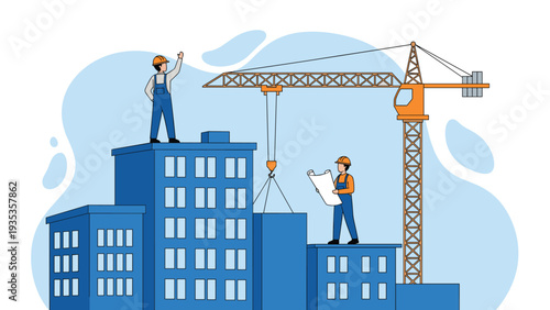 Construction workers and architects collaborate on a large-scale building project at a busy construction site with a crane.