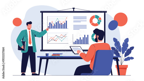 Professional businessman uses a chart on a white board to present financial data and business strategy to his colleague.