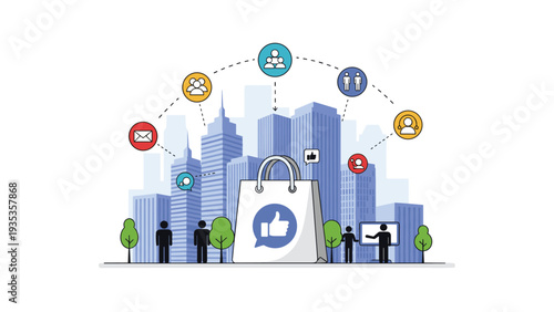 Modern city skyline serves as a backdrop for various icons representing online shopping and social media connectivity.
