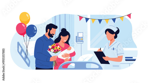Happy new parents celebrate the birth of their baby in a hospital room with a caring nurse and festive balloons.