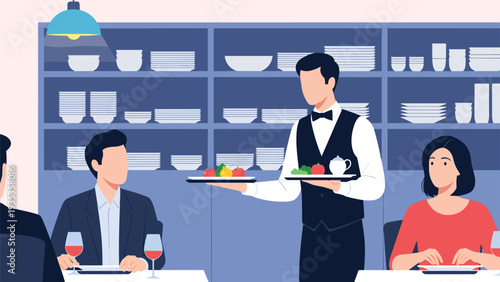 Professional waiter in a formal uniform serves delicious meals to guests in a fine dining restaurant with an elegant interior.