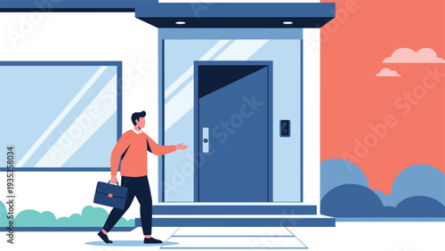 Professional man with a briefcase arrives at the entrance of a modern house during a beautiful sunset with pink and orange sky.