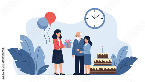 Happy family members gather to celebrate a birthday for an elderly man with a large cake, gifts, and colorful balloons.