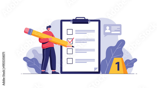 Determined man uses a giant yellow pencil to mark a completed task on a large checklist representing achievement and goals.