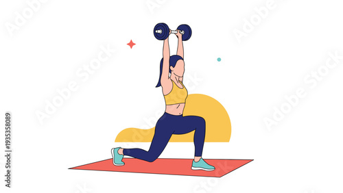 Athletic young woman performs weighted lunges with a barbell on a fitness mat as part of her strength training routine.