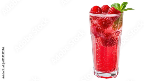Schilderij op canvas Isolated raspberry lemonade drink with mint, fizzy soda beverage with berries in