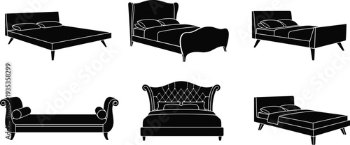 Set of six elegant bed silhouettes, black and white furniture icons with various headboard designs for bedroom interior home decor, vector illustration.